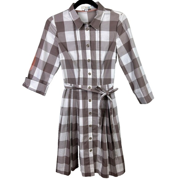 Boden Plaid Brown & White Checked Shirt Dress Button Down Long Sleeve Belted 4 - Picture 1 of 15